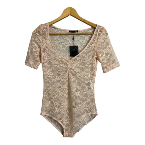 NWT Zara Bodysuit Women's Small Pink Lace Short Sleeve Stretchy Lingerie Sheer - Picture 1 of 7